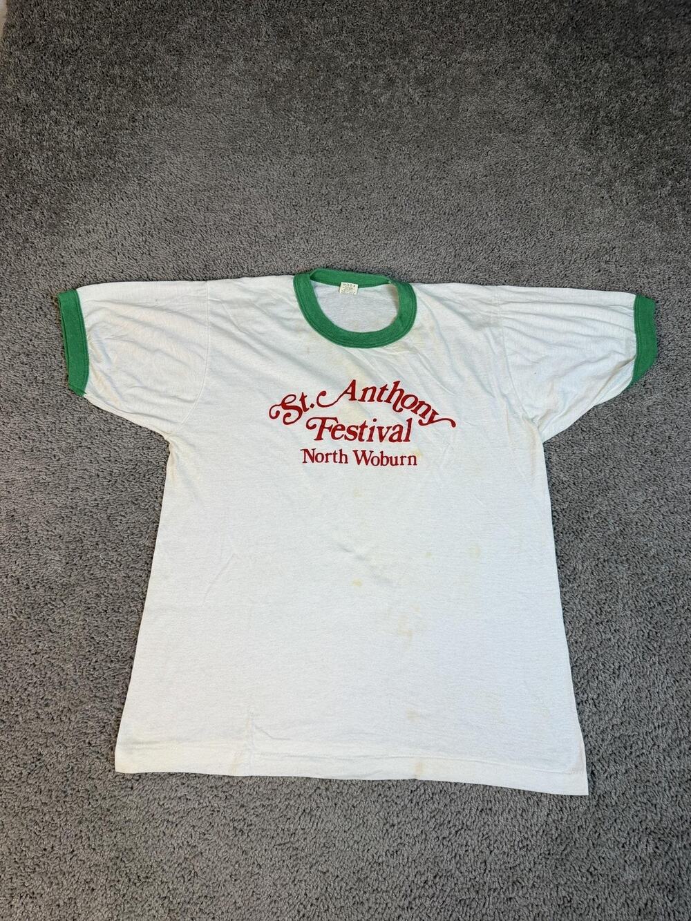 Vintage 80s St. Anthony Festival Shirt Mens L Massachusetts White Green Ringer